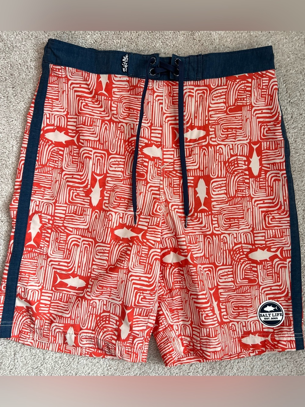 Salt Life Boys Orange & Navy Tiki Tuna Pattern Board Shorts